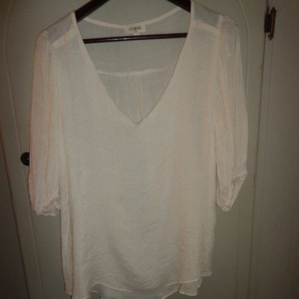 NWOT Umgee Gauze V-Neck Hi-Lo Blouse M Ivory Double-Layer Front 3/4 Puffy Sleeve